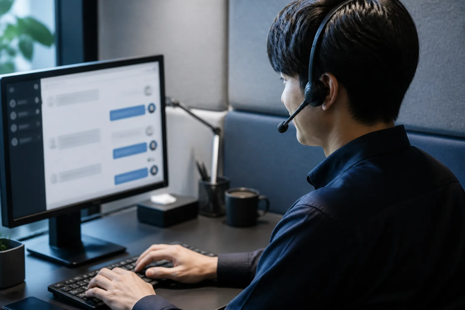 AIチャットボットの画面を確認しながら問い合わせ対応を行う担当者